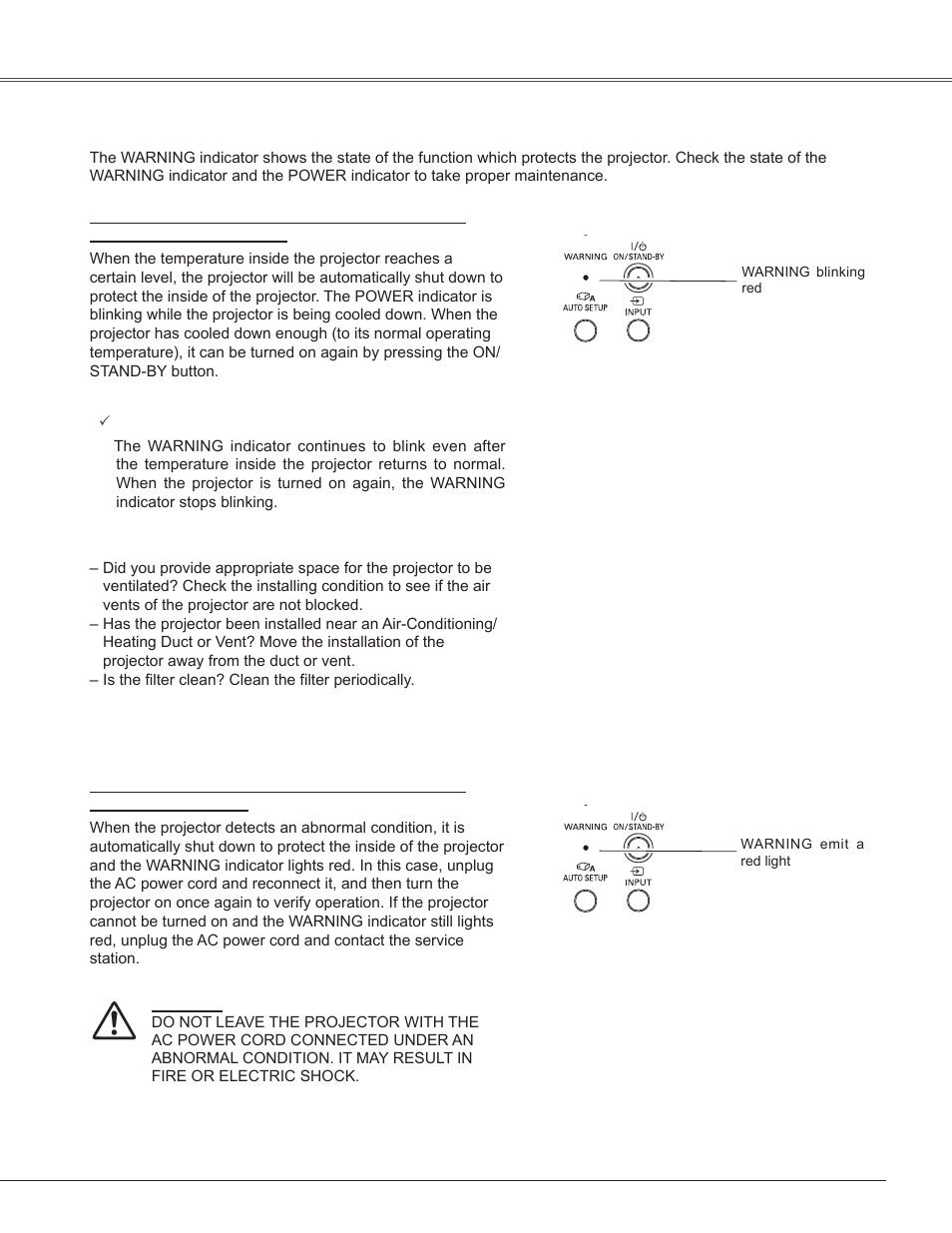 Maintenance and cleaning, Warning indicator, 61 information | Sanyo PLC-WXU300K User Manual | Page 61 / 82