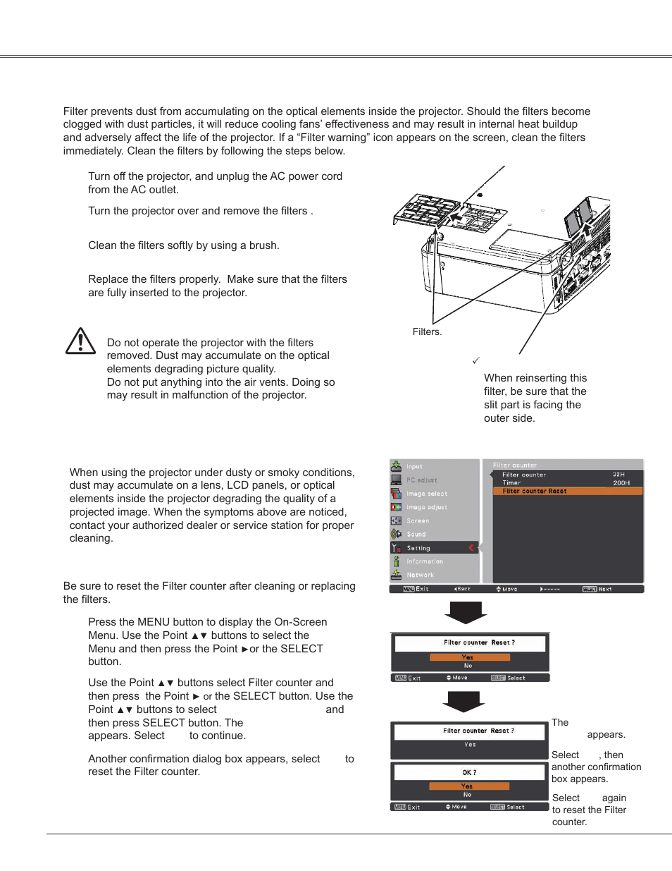 Cleaning the filters, Resetting the filter counter, Cleaning the filters maintenance and cleaning | Sanyo PLC-WXU300K User Manual | Page 62 / 82