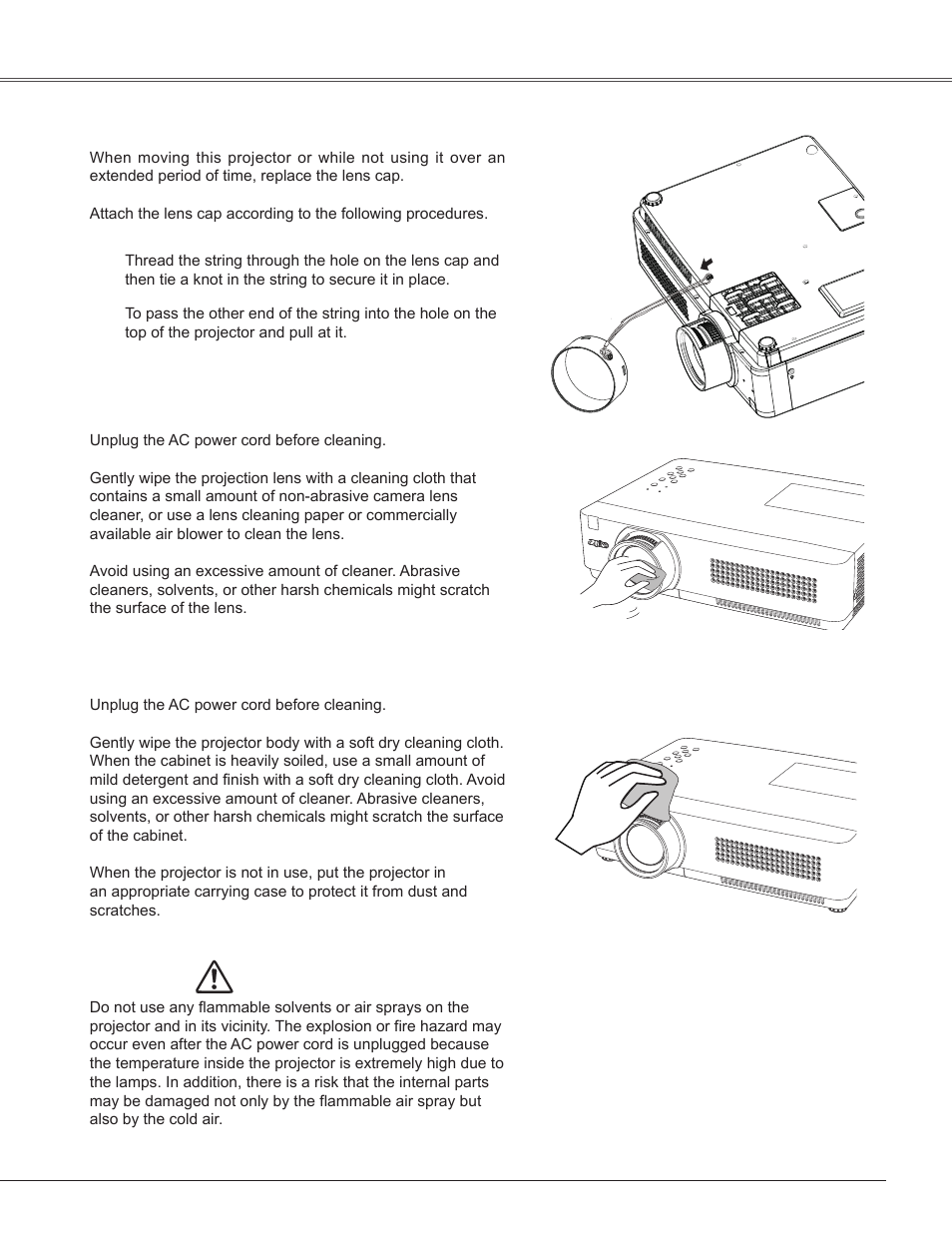 Attaching the lens cap, Cleaning the projection lens, Cleaning the projector cabinet | Attaching the lens cap maintenance and cleaning, Caution | Sanyo PLC-WXU300K User Manual | Page 63 / 82