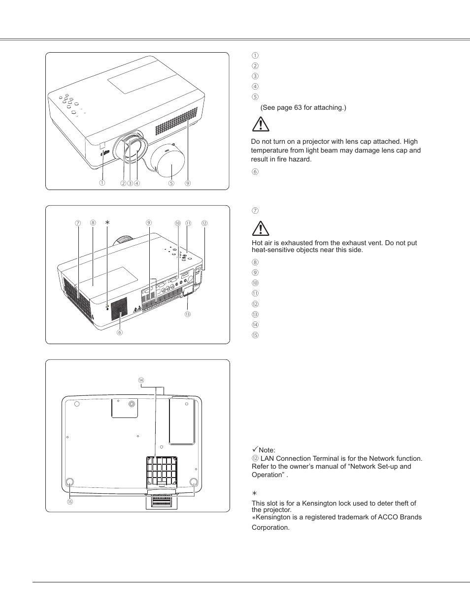 Part names and functions, Front, Back | Bottom, 8part names and functions, Front back | Sanyo PLC-WXU300K User Manual | Page 8 / 82