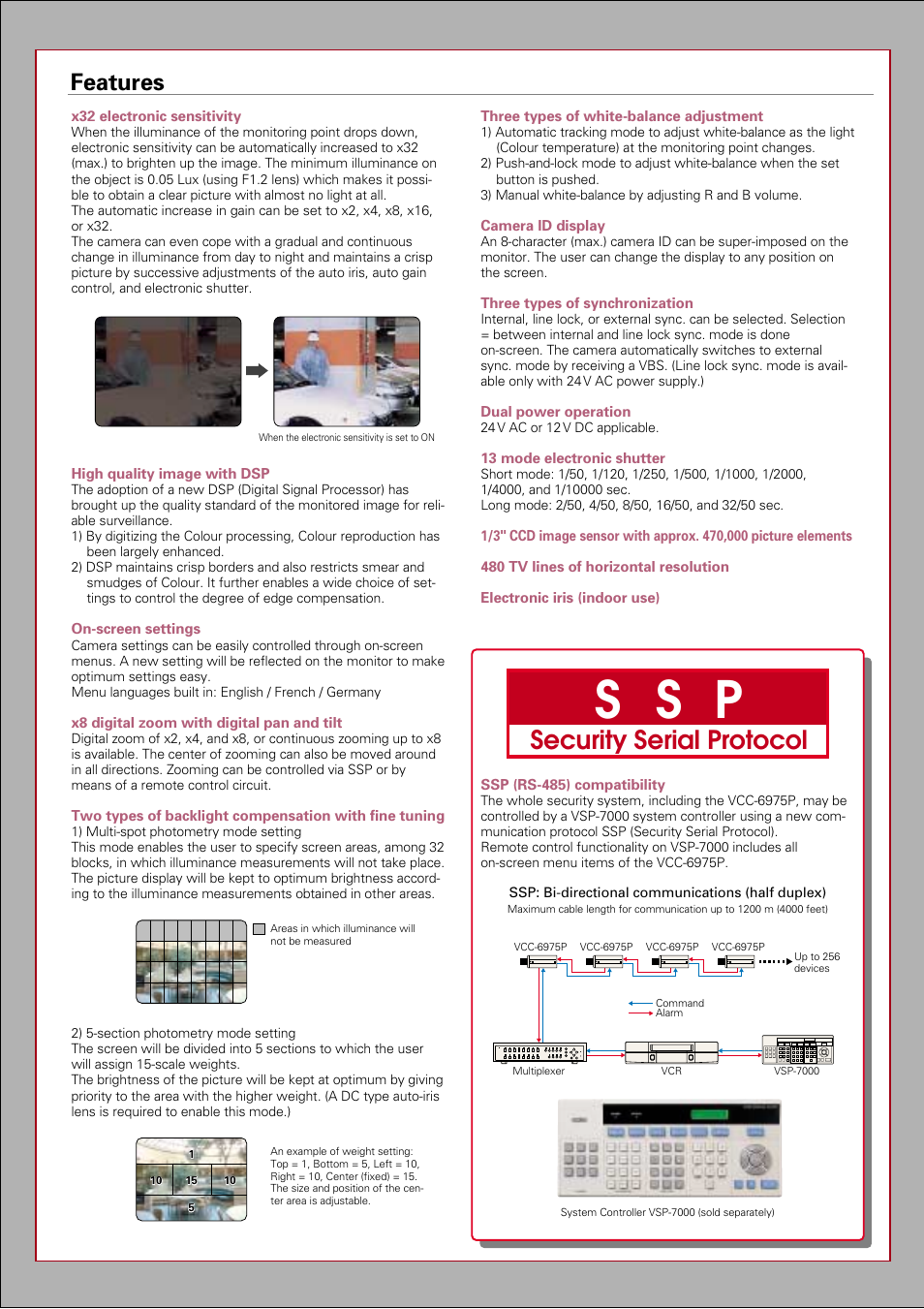 S s p, Security serial protocol, Features | Sanyo VCC-6975P User Manual | Page 3 / 4