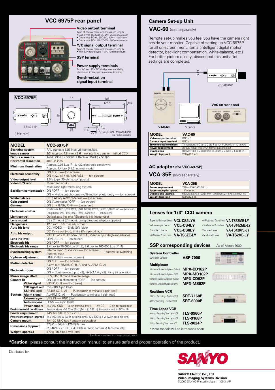 1/3" colour ccd high-resolution camera, Vcc-6975p rear panel, Vac-60 | Vca-35e, Ssp corresponding devices, Lenses for 1/3" ccd camera, Camera set-up unit ac adaptor, Minimum illumination of 0.05 lux), Vcc-6975p model, Vcc-6975p | Sanyo VCC-6975P User Manual | Page 4 / 4