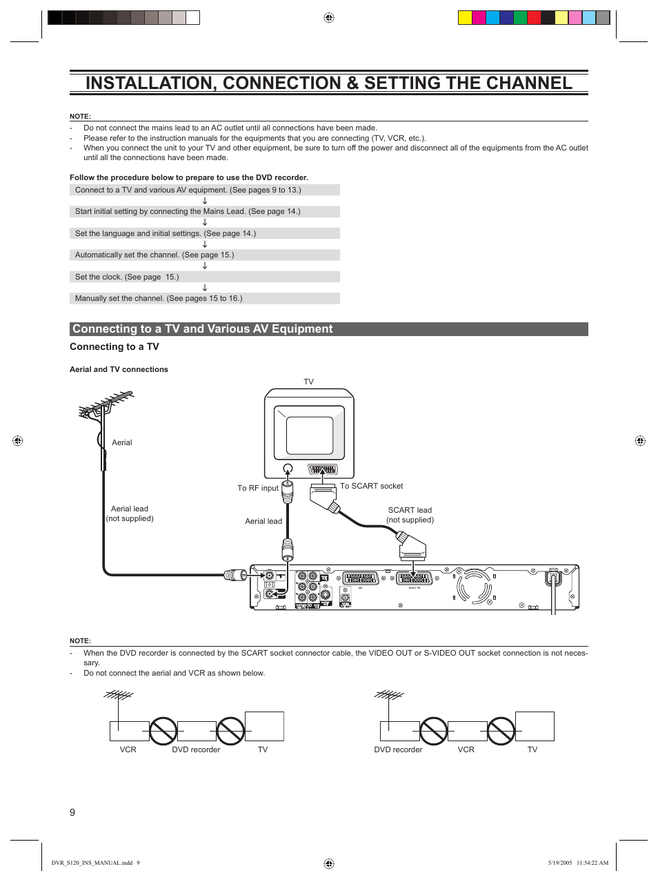 Installation, connection & setting the channel, Connecting to a tv and various av equipment | Sanyo DVR-S120 User Manual | Page 10 / 40