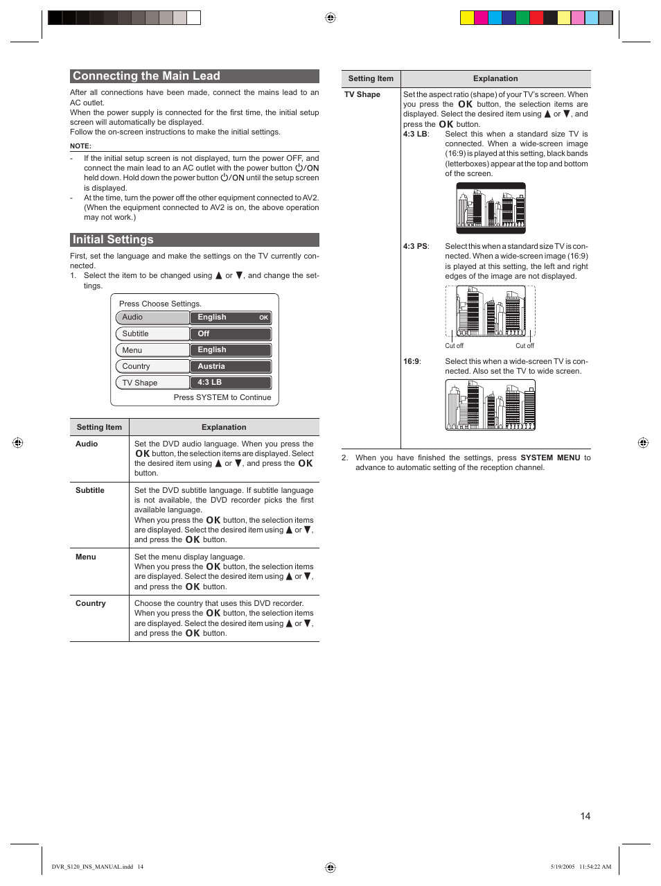 Connecting the main lead, Initial settings | Sanyo DVR-S120 User Manual | Page 15 / 40