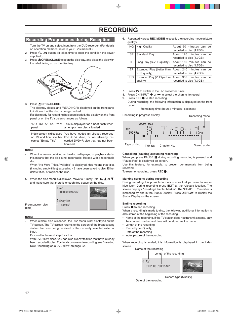 Recording, Recording programmes during reception | Sanyo DVR-S120 User Manual | Page 18 / 40