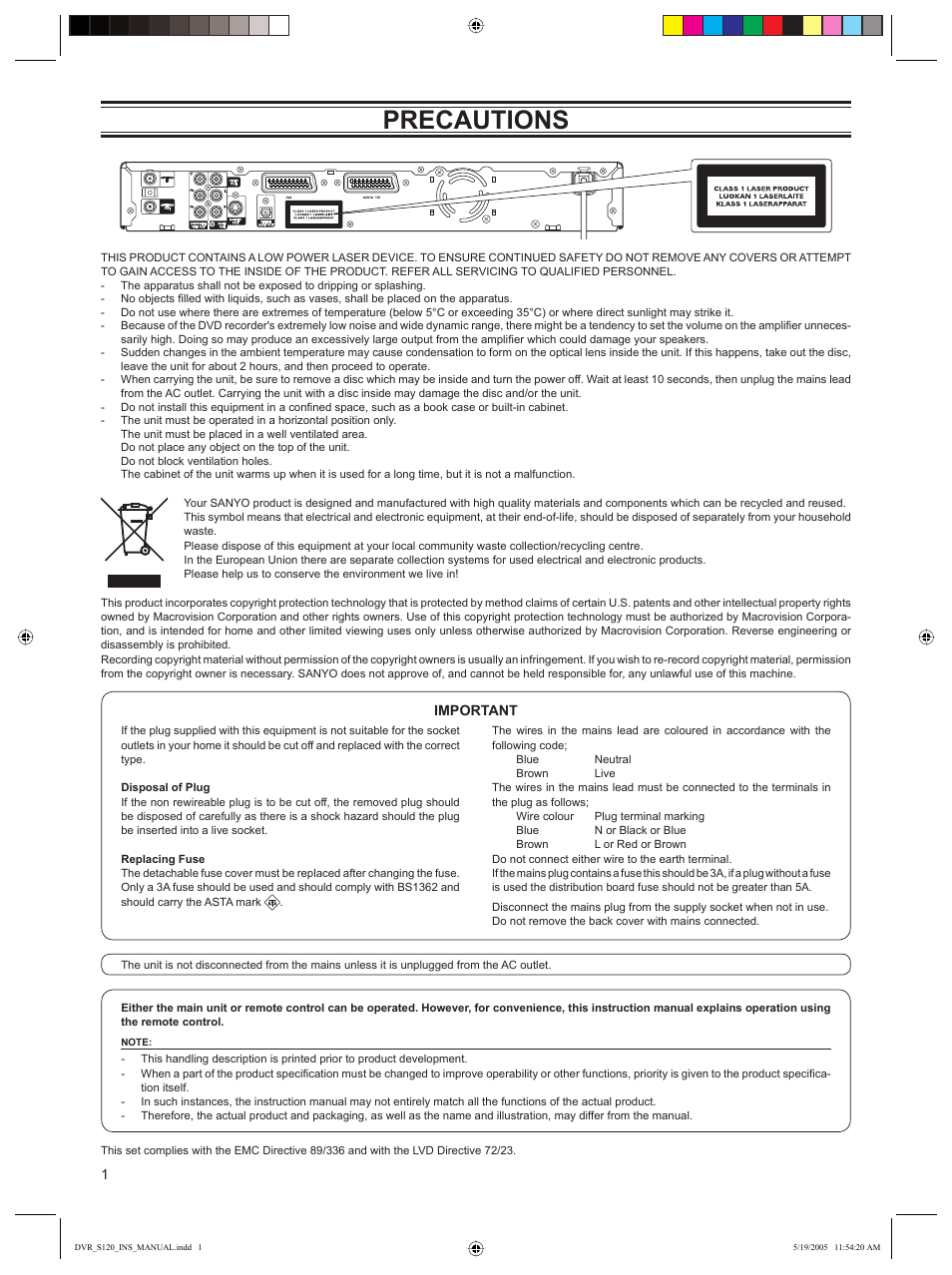 Precautions | Sanyo DVR-S120 User Manual | Page 2 / 40