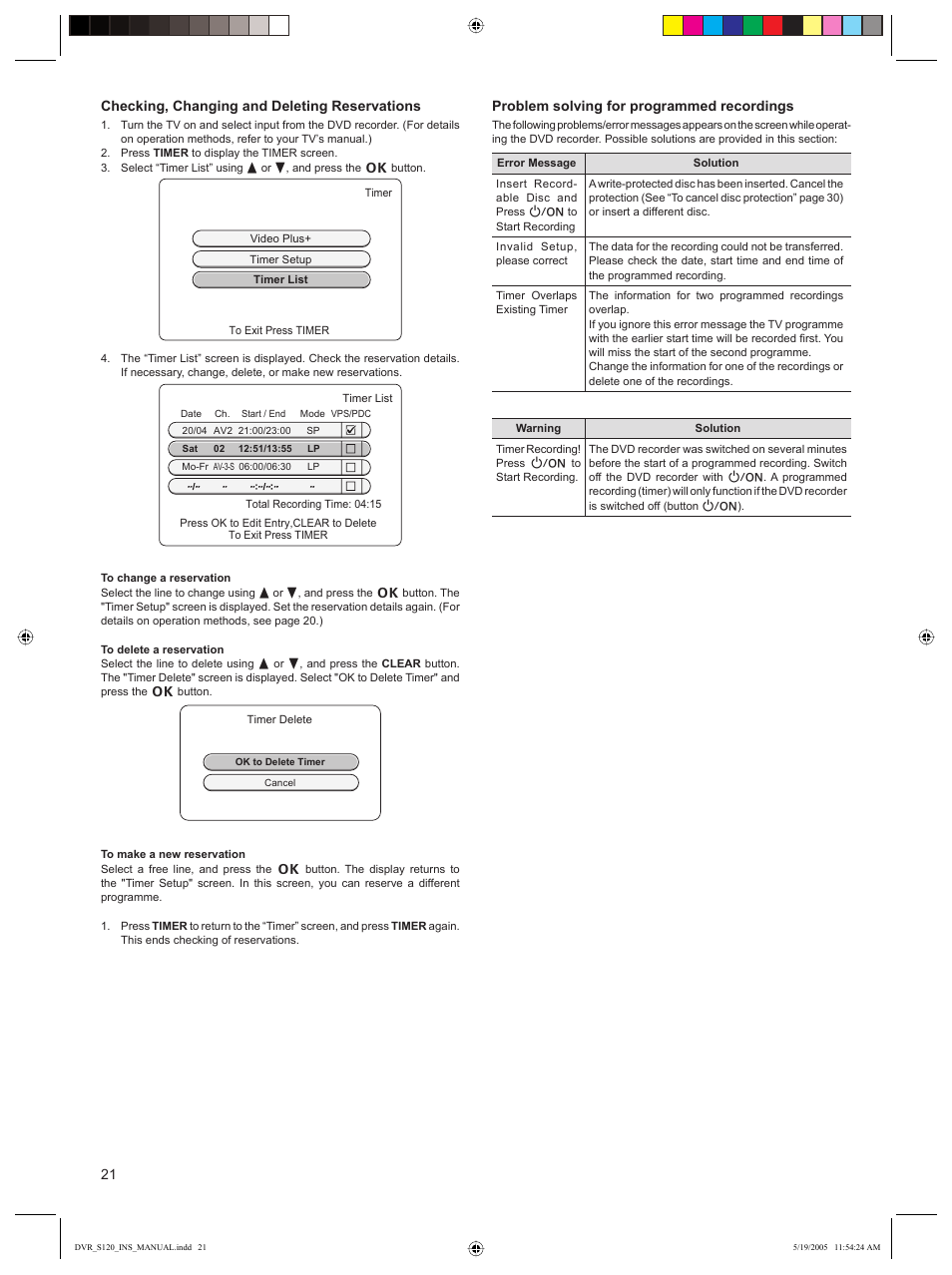 21 checking, changing and deleting reservations, Problem solving for programmed recordings | Sanyo DVR-S120 User Manual | Page 22 / 40