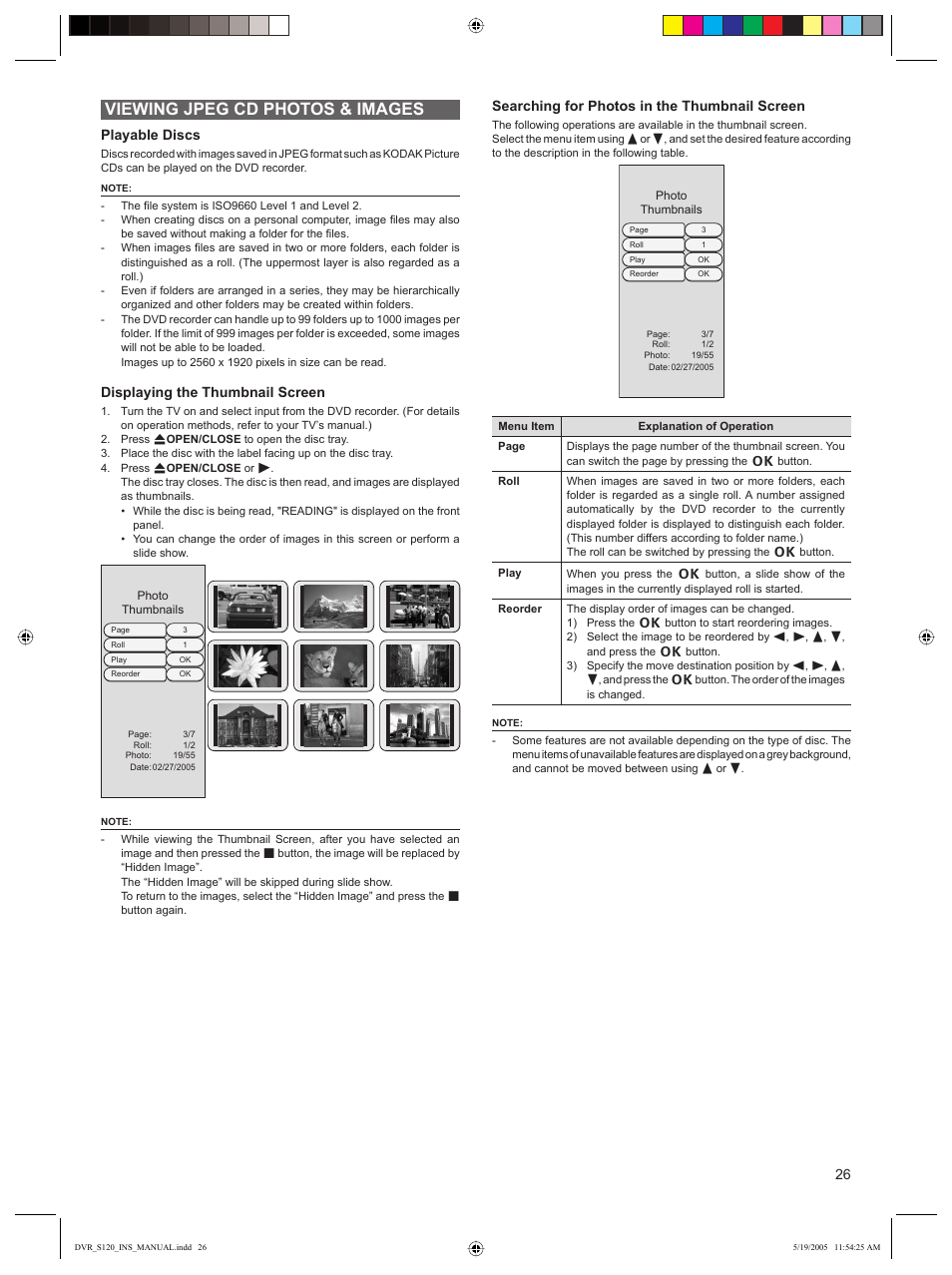 Viewing jpeg cd photos & images, Playable discs, Displaying the thumbnail screen | Searching for photos in the thumbnail screen | Sanyo DVR-S120 User Manual | Page 27 / 40