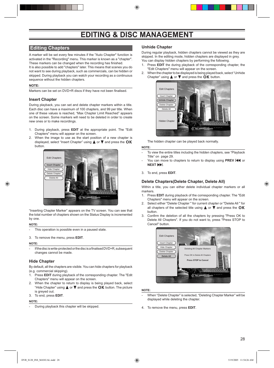 Editing & disc management, Editing chapters, Insert chapter | Hide chapter, Unhide chapter, Delete chapters(delete chapter, delete all) | Sanyo DVR-S120 User Manual | Page 29 / 40