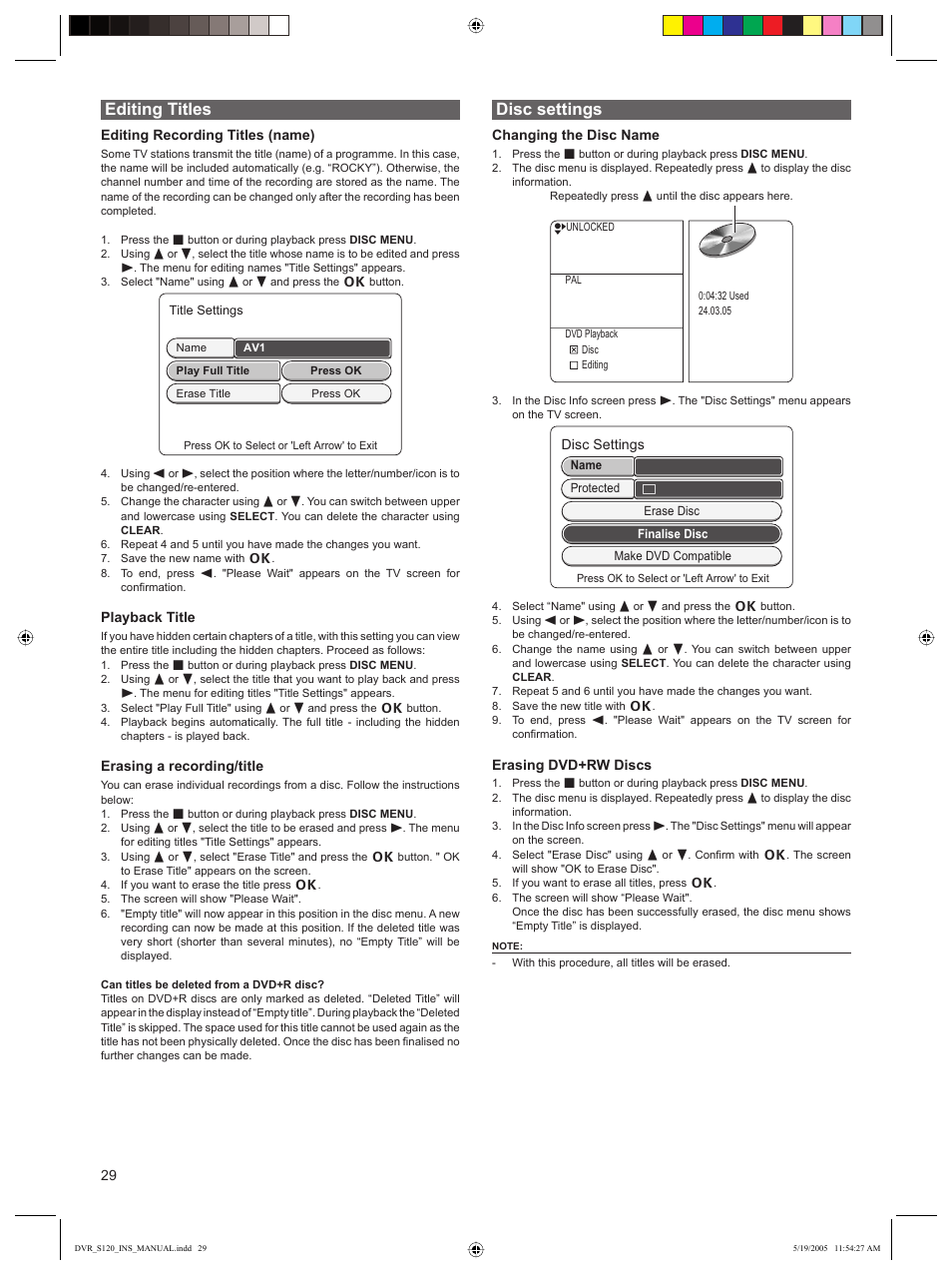 Editing titles, Disc settings | Sanyo DVR-S120 User Manual | Page 30 / 40