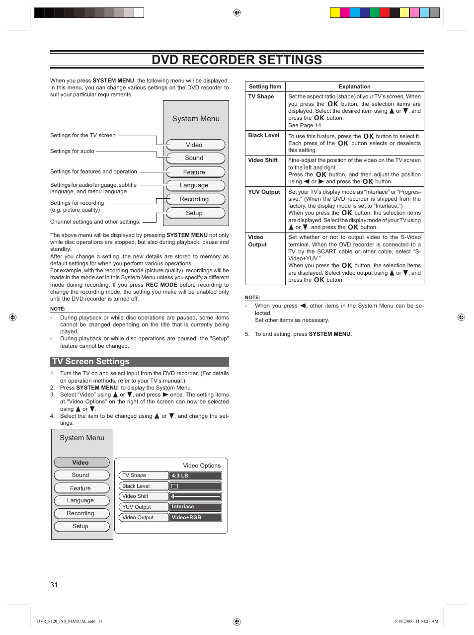 Dvd recorder settings, Tv screen settings, System menu | Sanyo DVR-S120 User Manual | Page 32 / 40