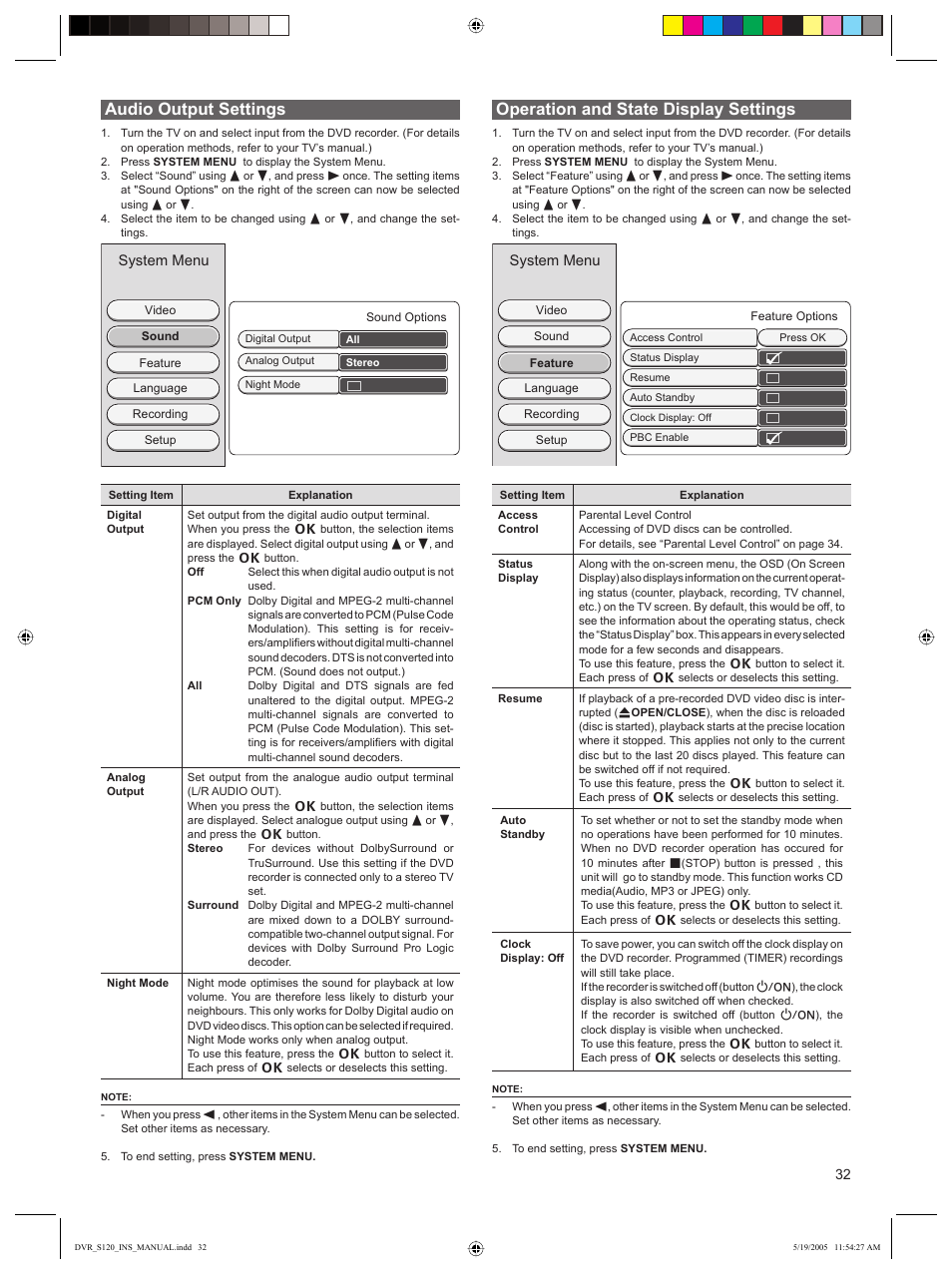 Audio output settings, Operation and state display settings | Sanyo DVR-S120 User Manual | Page 33 / 40