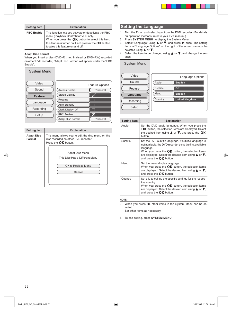Setting the language | Sanyo DVR-S120 User Manual | Page 34 / 40