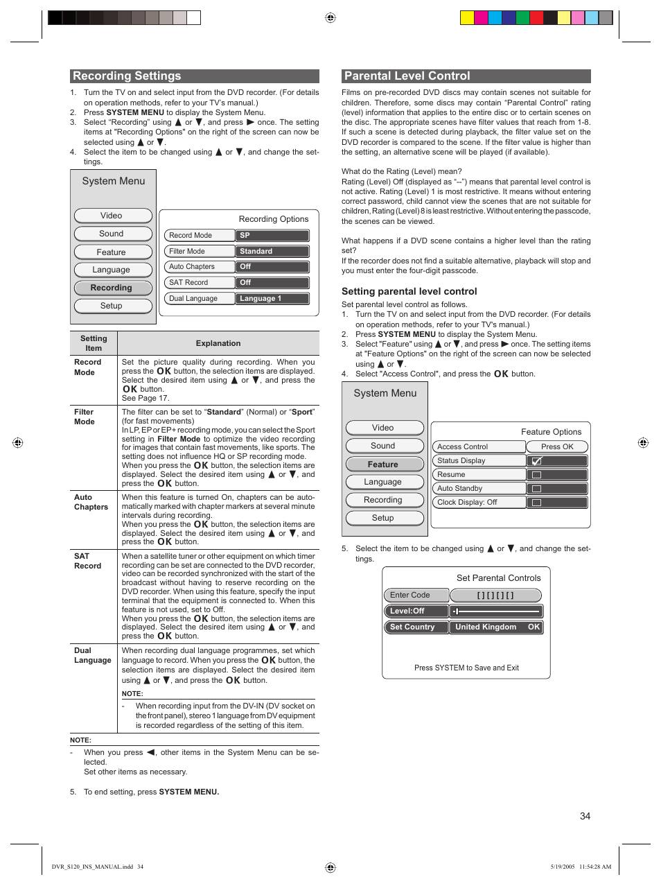 Recording settings, Parental level control | Sanyo DVR-S120 User Manual | Page 35 / 40