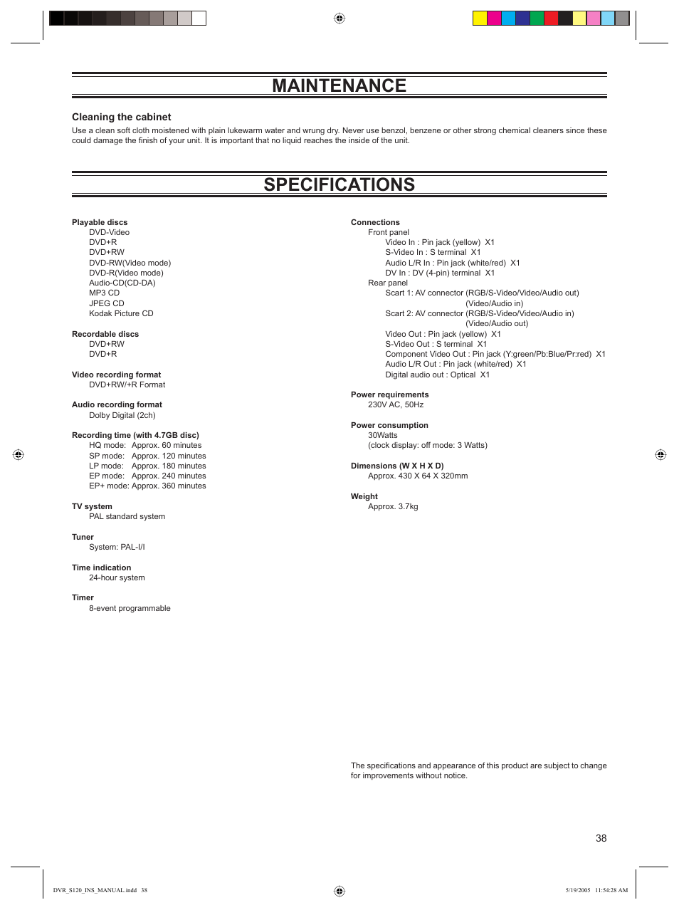 Maintenance, Specifications | Sanyo DVR-S120 User Manual | Page 39 / 40