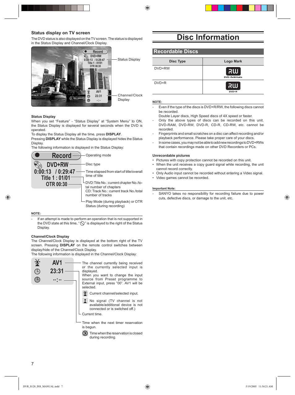 Disc information, Record, Dvd+rw | Otr 00:30, Recordable discs | Sanyo DVR-S120 User Manual | Page 8 / 40