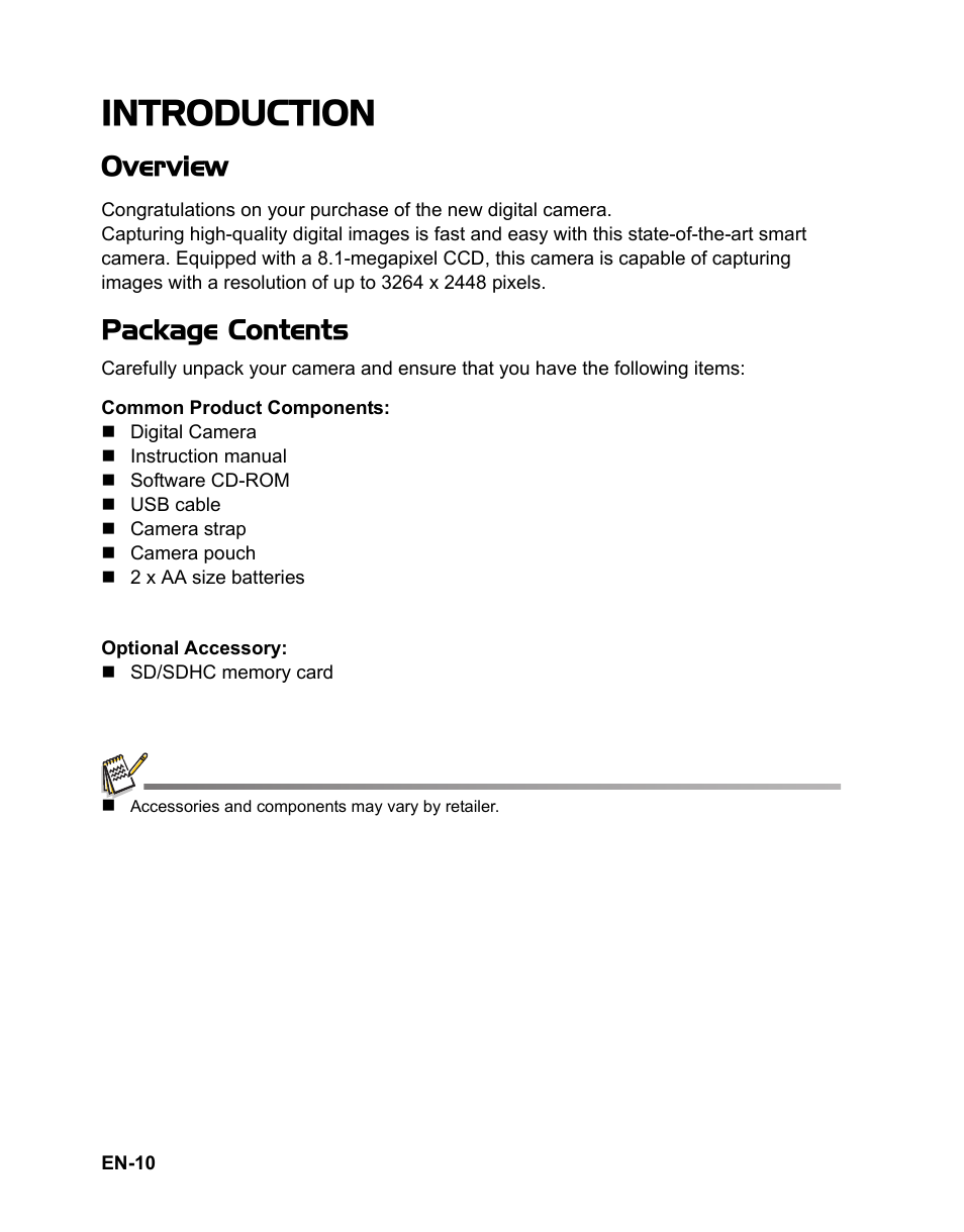 Introduction, Overview, Package contents | Sanyo VPC-S885 User Manual | Page 11 / 45