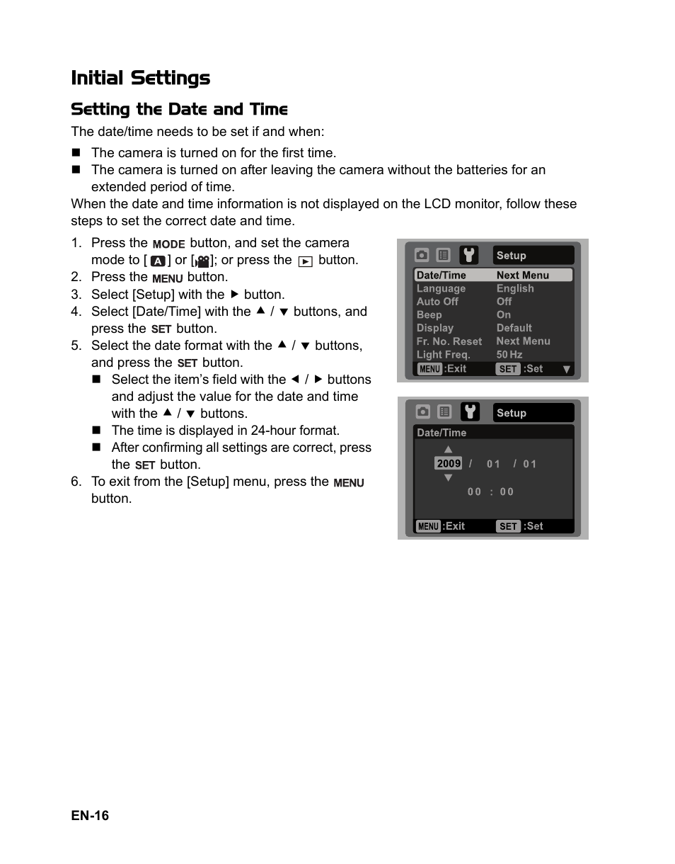 Initial settings, Setting the date and time | Sanyo VPC-S885 User Manual | Page 17 / 45