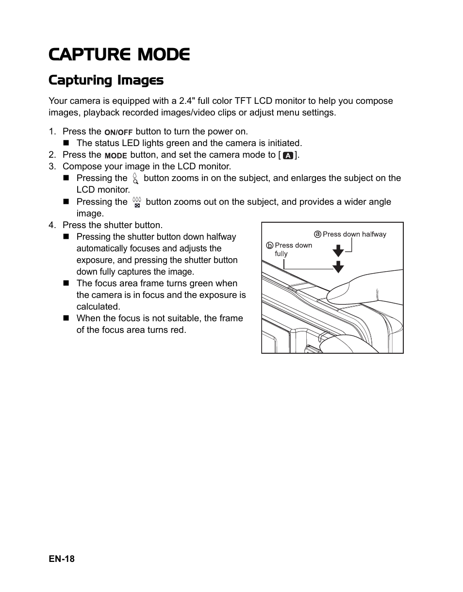 Capture mode, Capturing images | Sanyo VPC-S885 User Manual | Page 19 / 45