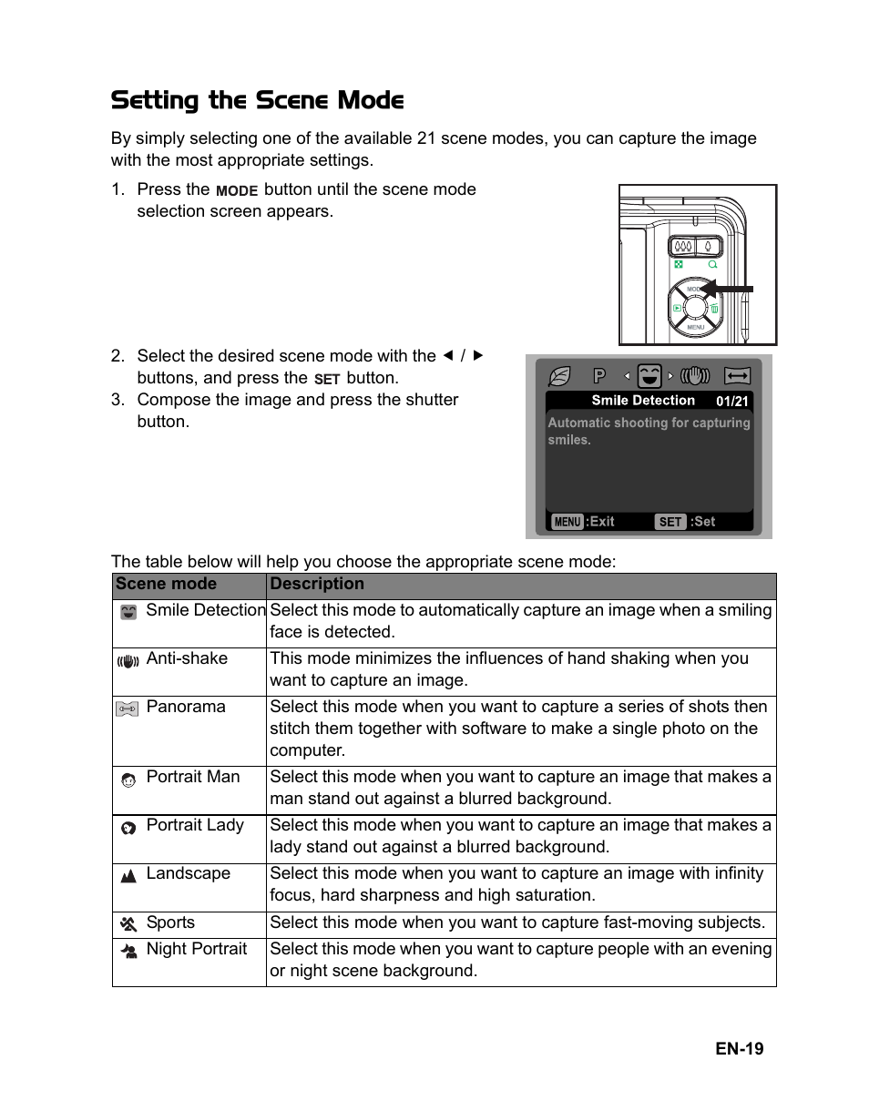 Setting the scene mode | Sanyo VPC-S885 User Manual | Page 20 / 45