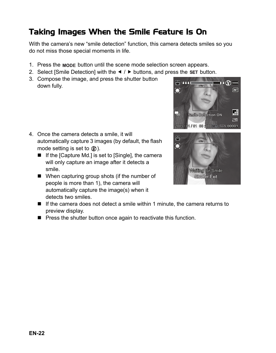 Taking images when the smile feature is on | Sanyo VPC-S885 User Manual | Page 23 / 45