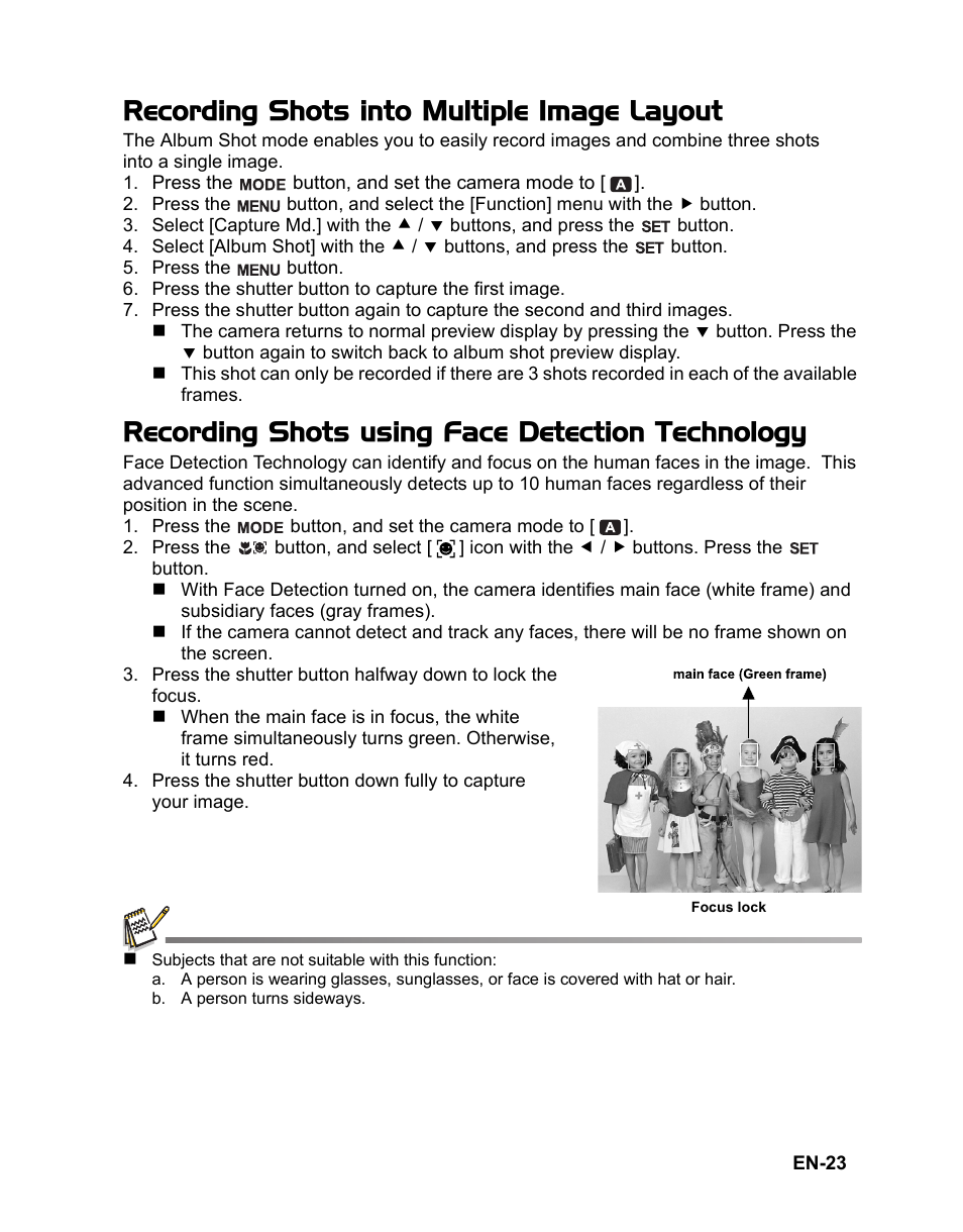 Recording shots into multiple image layout, Recording shots using face detection technology | Sanyo VPC-S885 User Manual | Page 24 / 45
