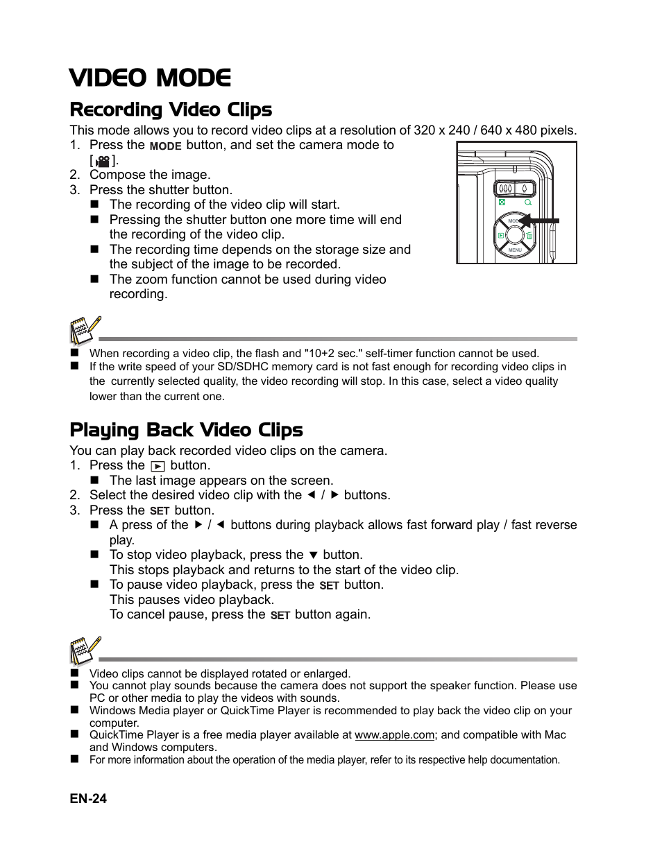 Video mode, Recording video clips, Playing back video clips | Sanyo VPC-S885 User Manual | Page 25 / 45