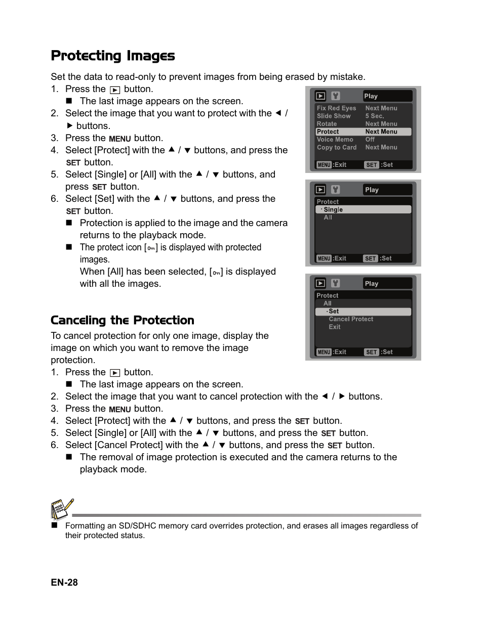 Protecting images, Canceling the protection | Sanyo VPC-S885 User Manual | Page 29 / 45