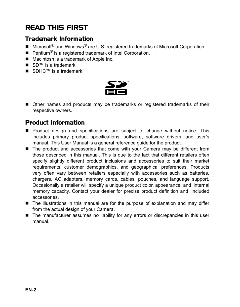 Read this first, Trademark information, Product information | Sanyo VPC-S885 User Manual | Page 3 / 45