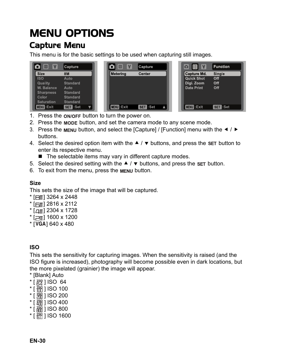 Menu options, Capture menu | Sanyo VPC-S885 User Manual | Page 31 / 45