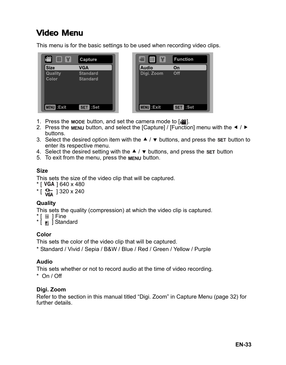 Video menu | Sanyo VPC-S885 User Manual | Page 34 / 45