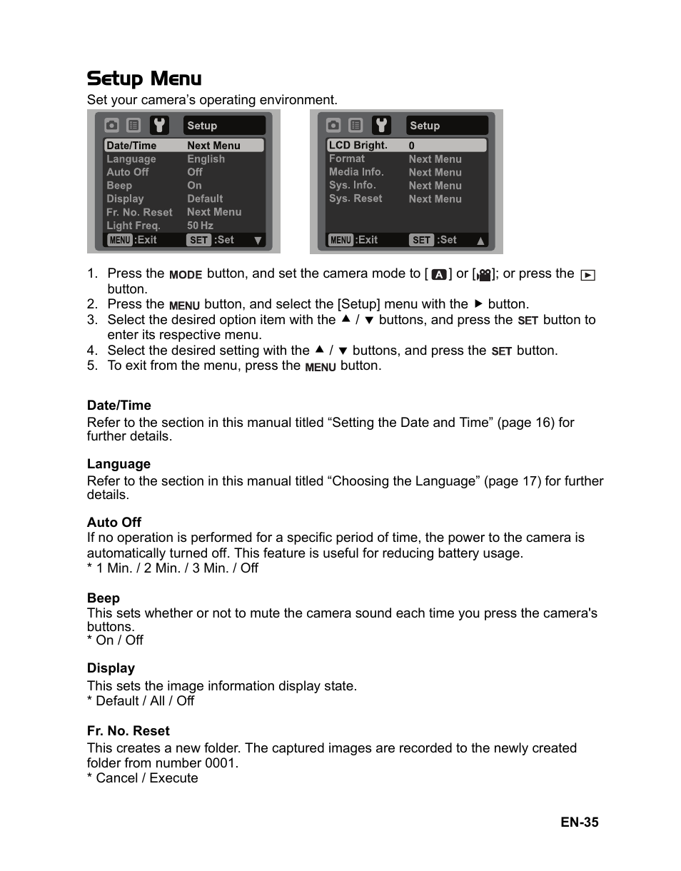 Setup menu | Sanyo VPC-S885 User Manual | Page 36 / 45