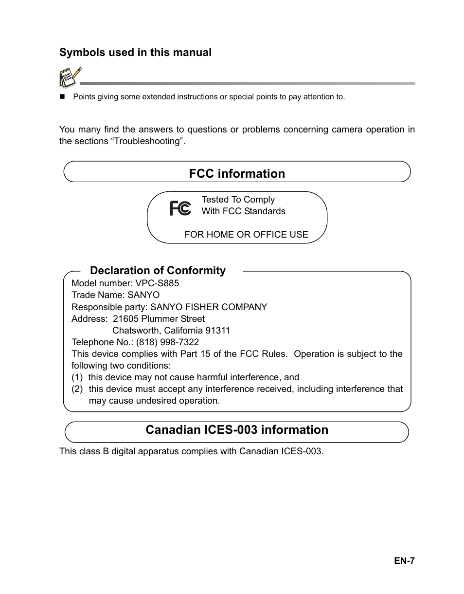 Fcc information, Canadian ices-003 information | Sanyo VPC-S885 User Manual | Page 8 / 45