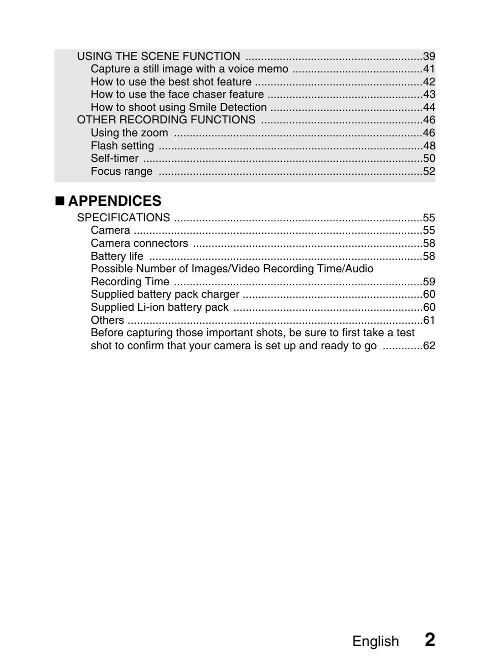 English, Appendices | Sanyo VPC-X1200EX User Manual | Page 11 / 72