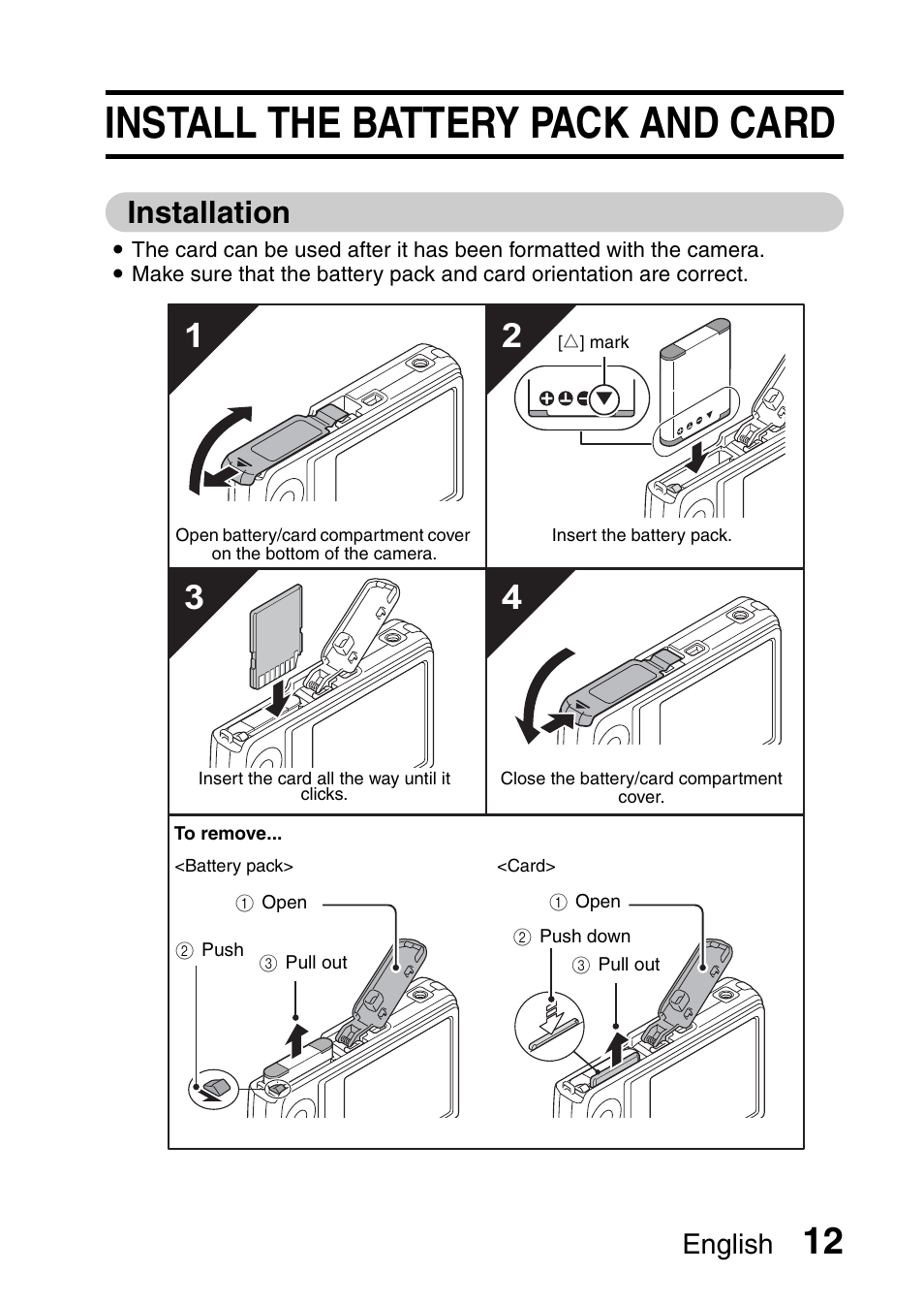 Install the battery pack and card, Installation, English | Sanyo VPC-X1200EX User Manual | Page 21 / 72