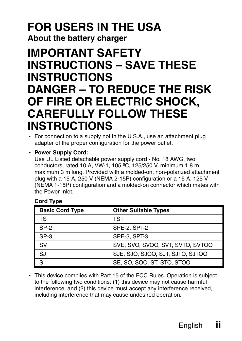 For users in the usa, About the battery charger, English | Sanyo VPC-X1200EX User Manual | Page 3 / 72