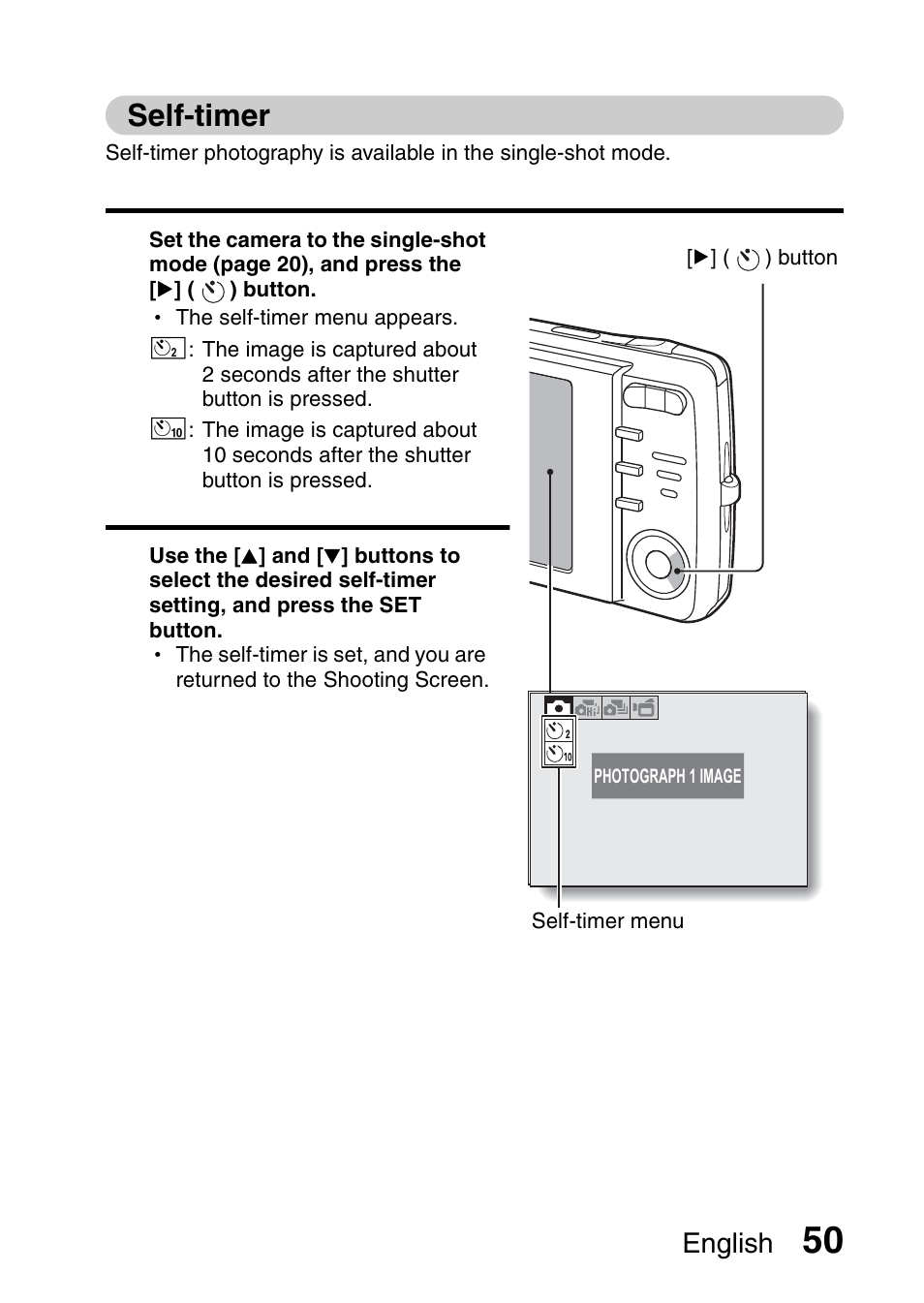 Self-timer, English | Sanyo VPC-X1200EX User Manual | Page 59 / 72