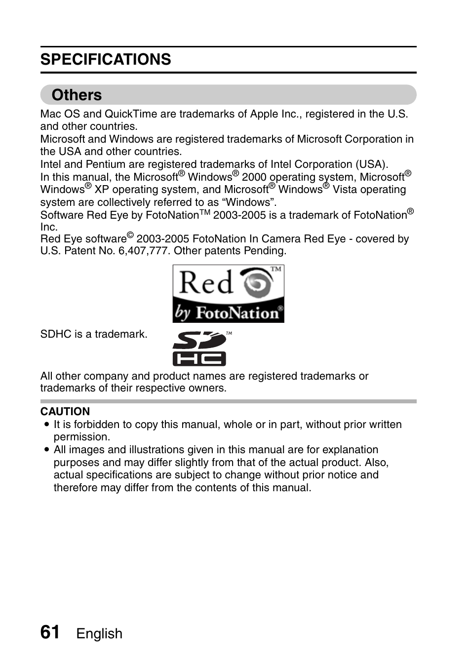 Specifications others, English | Sanyo VPC-X1200EX User Manual | Page 70 / 72