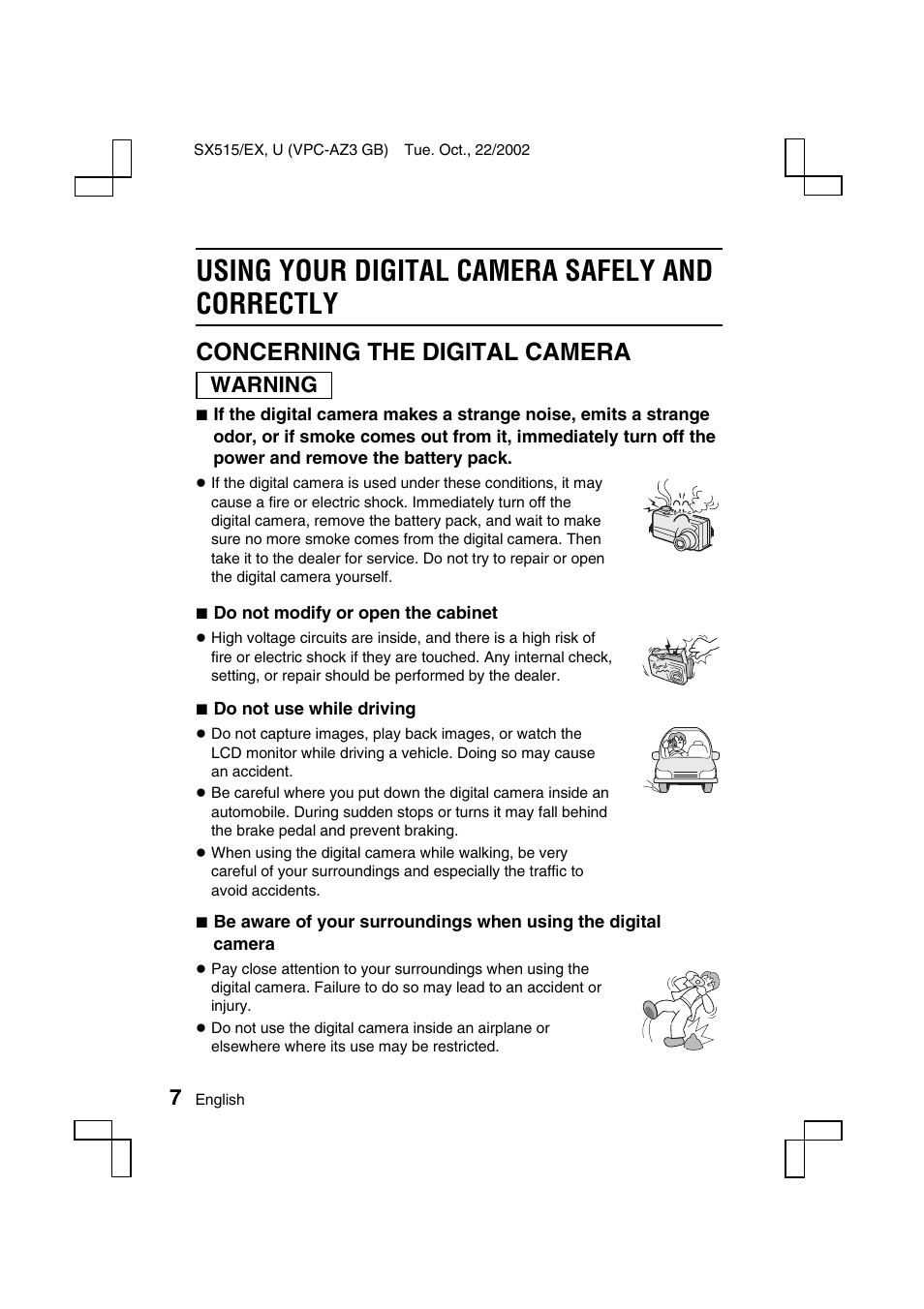 Using your digital camera safely and correctly, Concerning the digital camera, Warning | Sanyo VPC-AZ3 EX User Manual | Page 10 / 207