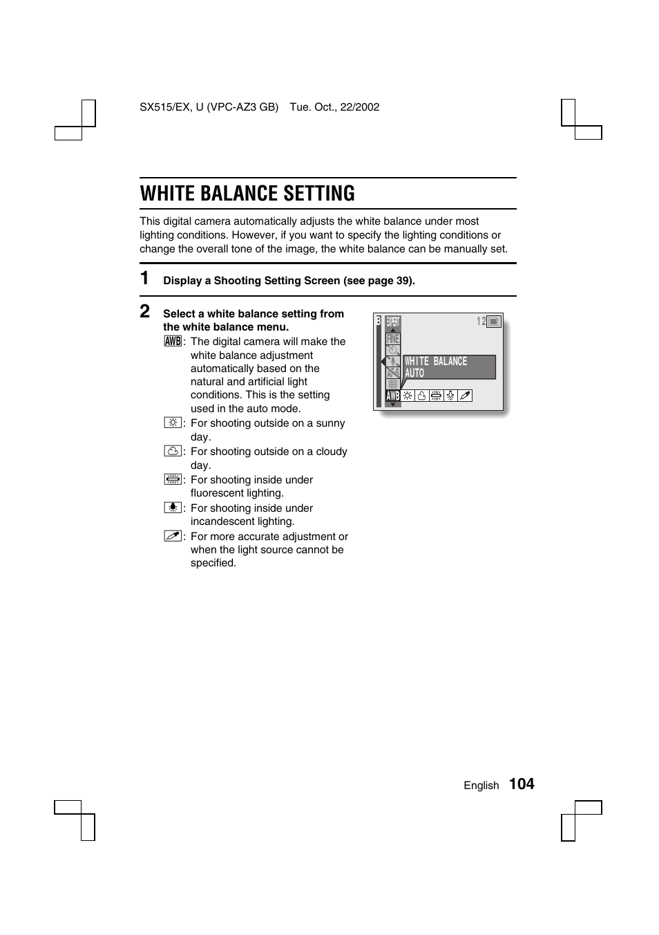 White balance setting | Sanyo VPC-AZ3 EX User Manual | Page 107 / 207