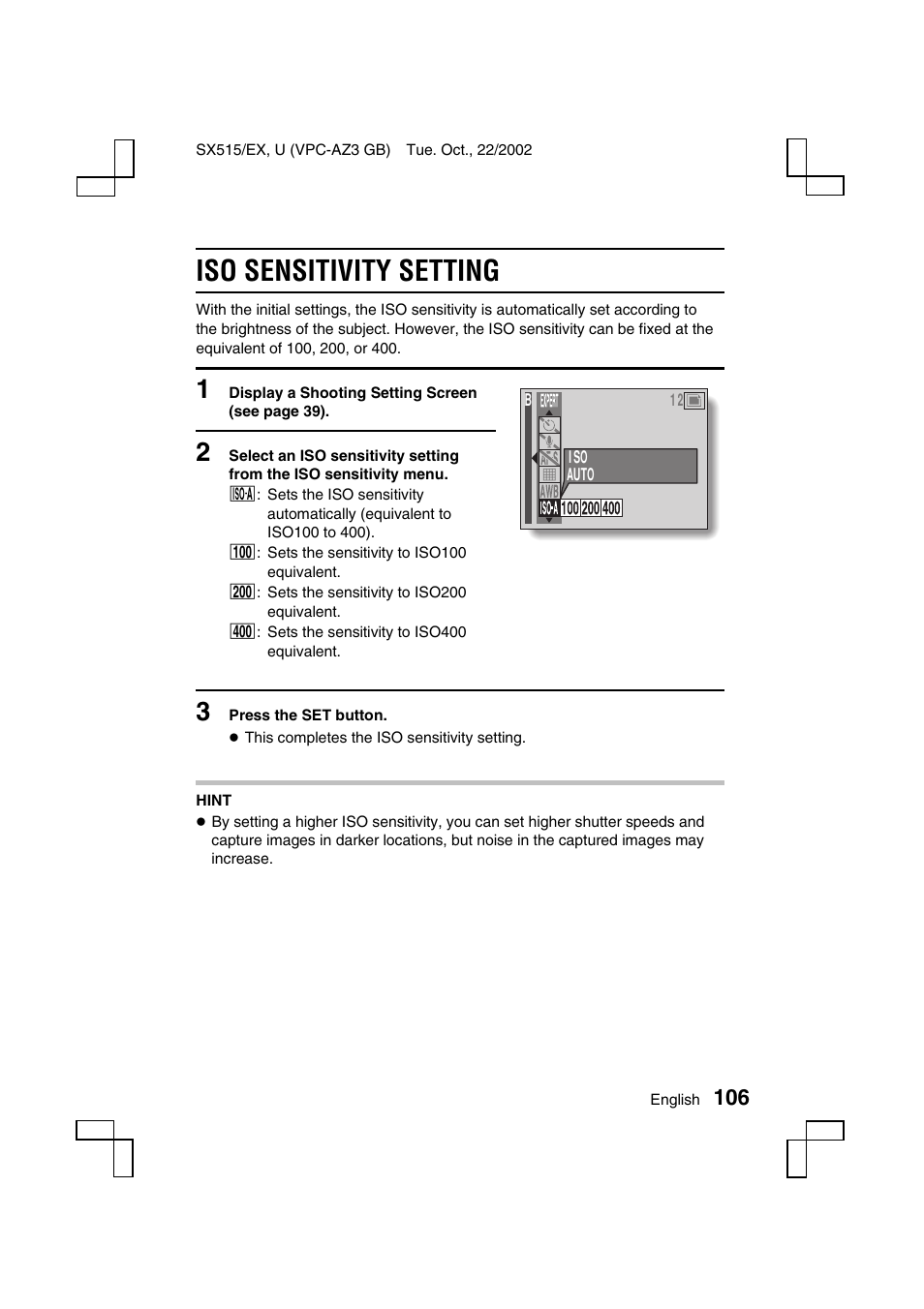 Iso sensitivity setting | Sanyo VPC-AZ3 EX User Manual | Page 109 / 207