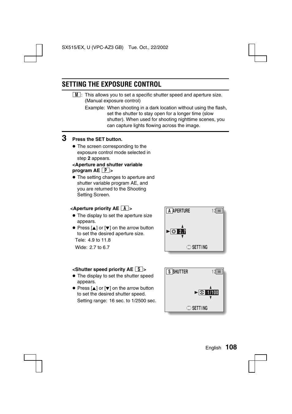 Setting the exposure control | Sanyo VPC-AZ3 EX User Manual | Page 111 / 207