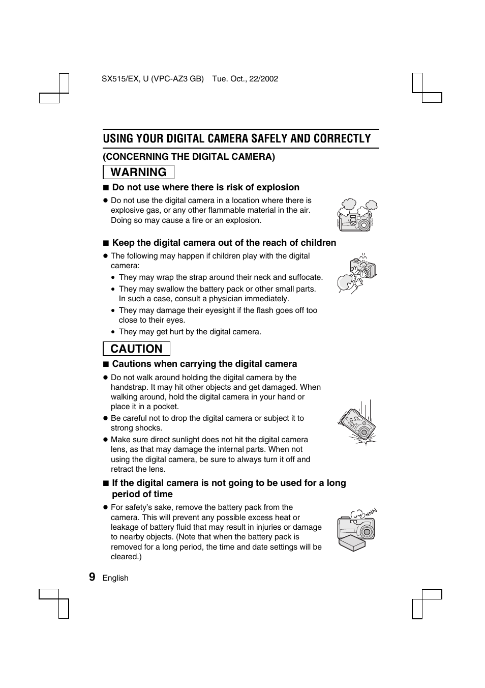 Using your digital camera safely and correctly, Warning, Caution | Sanyo VPC-AZ3 EX User Manual | Page 12 / 207