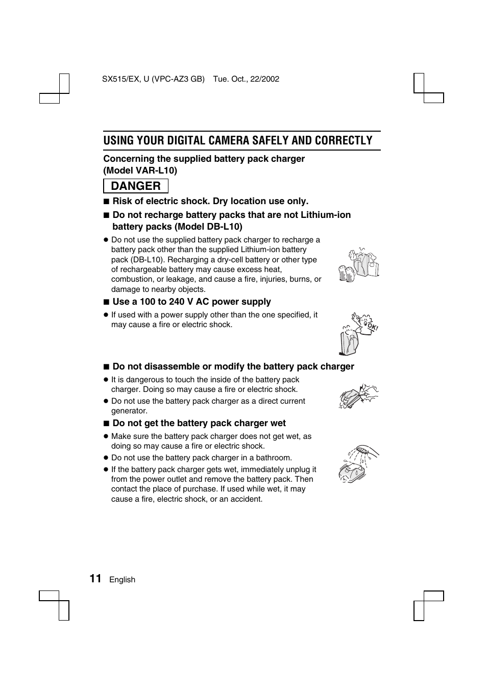 Using your digital camera safely and correctly, Danger | Sanyo VPC-AZ3 EX User Manual | Page 14 / 207