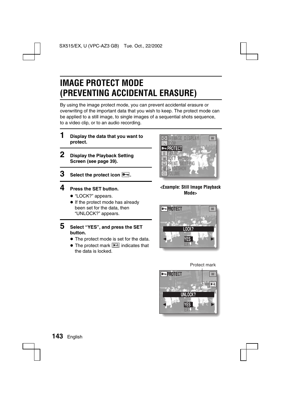 Image protect mode (preventing accidental erasure) | Sanyo VPC-AZ3 EX User Manual | Page 146 / 207