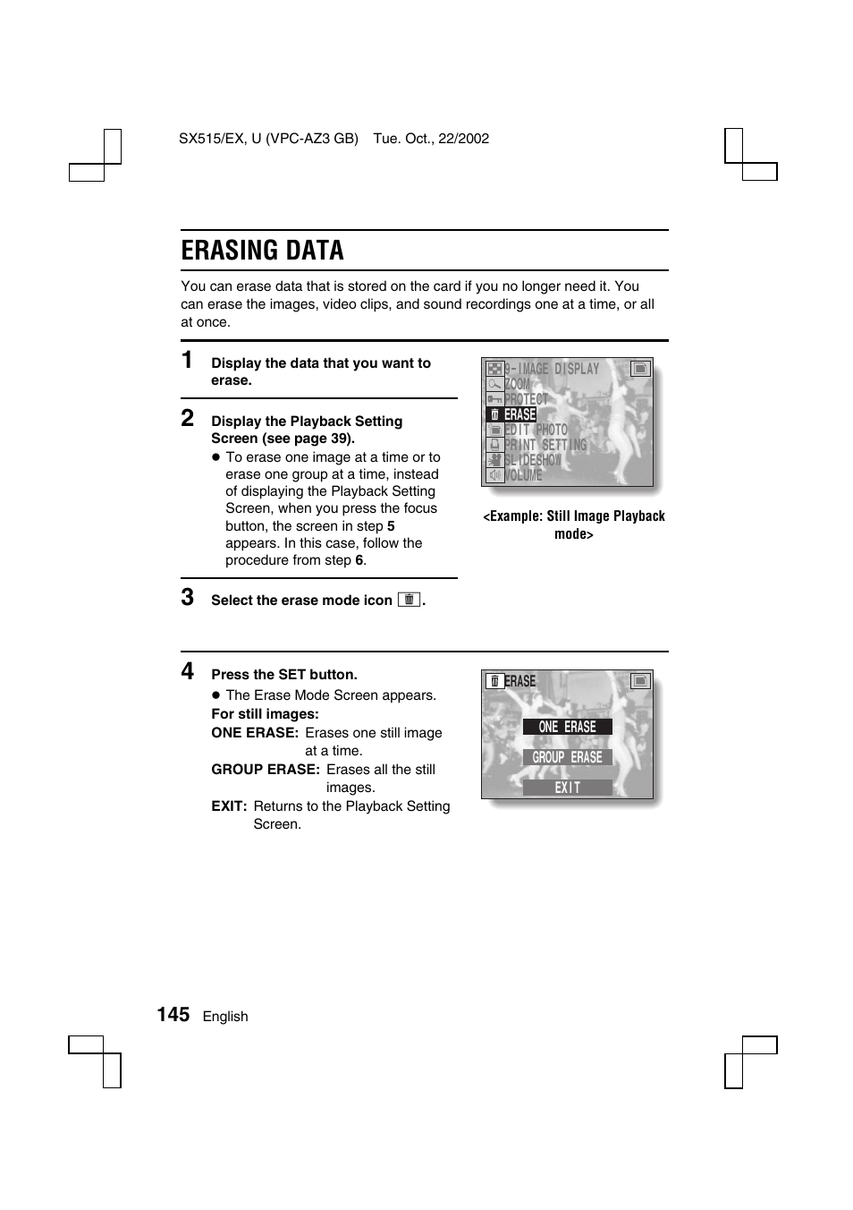 Erasing data | Sanyo VPC-AZ3 EX User Manual | Page 148 / 207