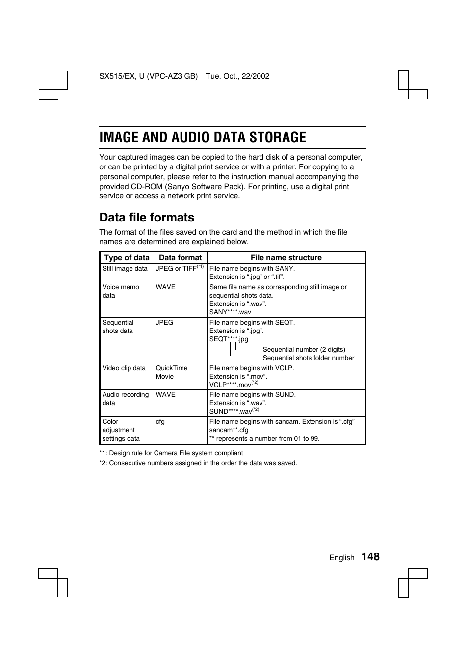 Image and audio data storage, Data file formats | Sanyo VPC-AZ3 EX User Manual | Page 151 / 207