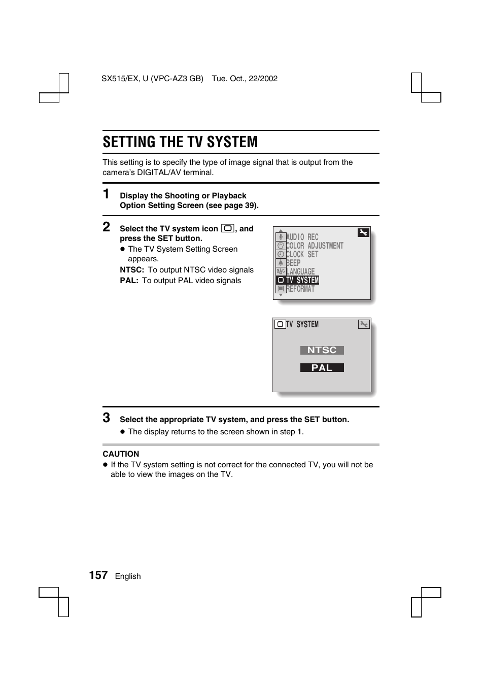 Setting the tv system | Sanyo VPC-AZ3 EX User Manual | Page 160 / 207