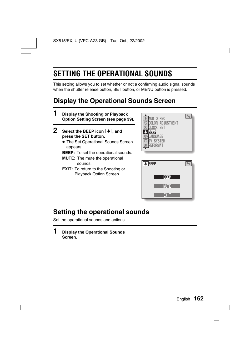 Setting the operational sounds, Display the operational sounds screen | Sanyo VPC-AZ3 EX User Manual | Page 165 / 207