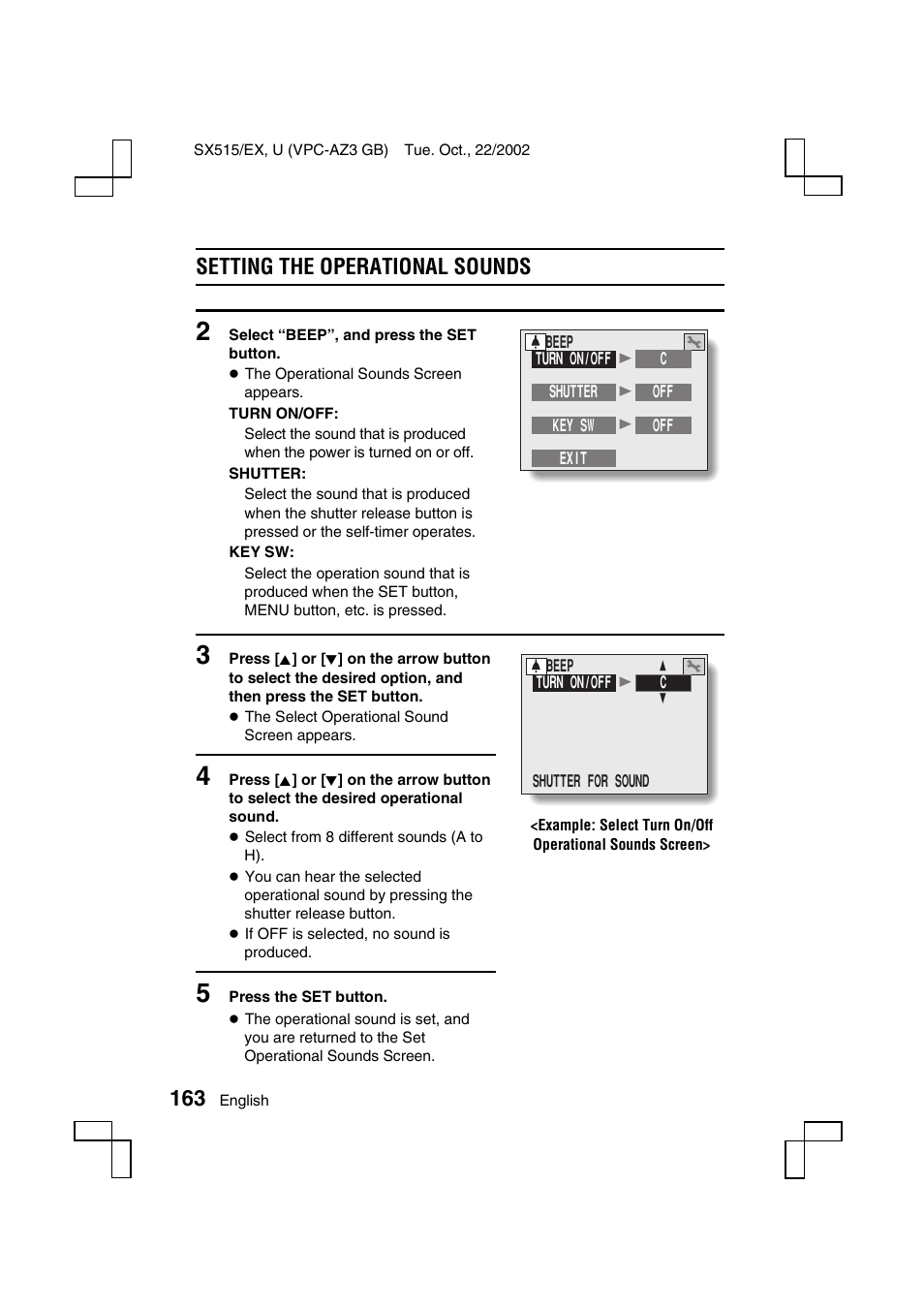 Setting the operational sounds | Sanyo VPC-AZ3 EX User Manual | Page 166 / 207